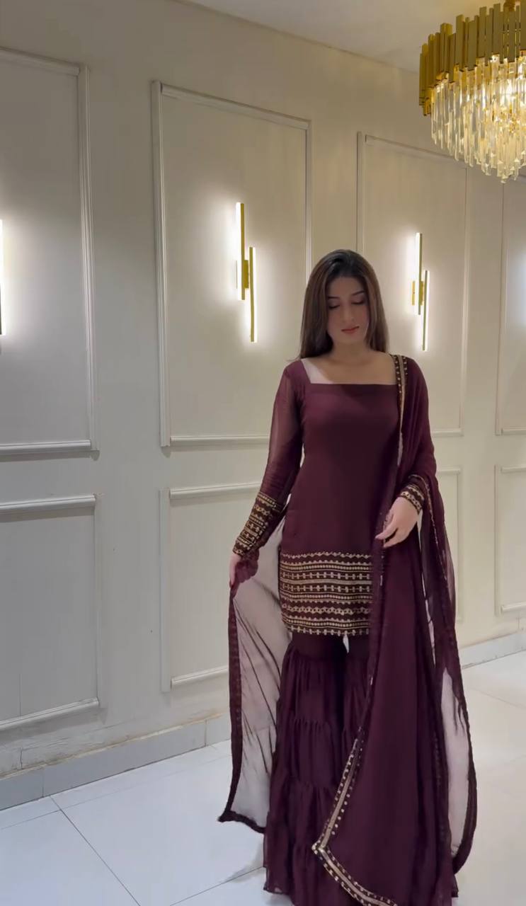 Trending Wine Color Heavy Georgette Embroidery Sequence Work Sharara Suit