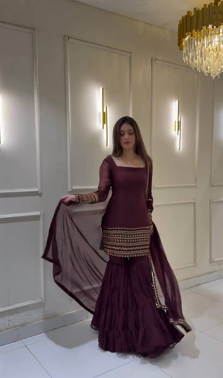 Trending Wine Color Heavy Georgette Embroidery Sequence Work Sharara Suit