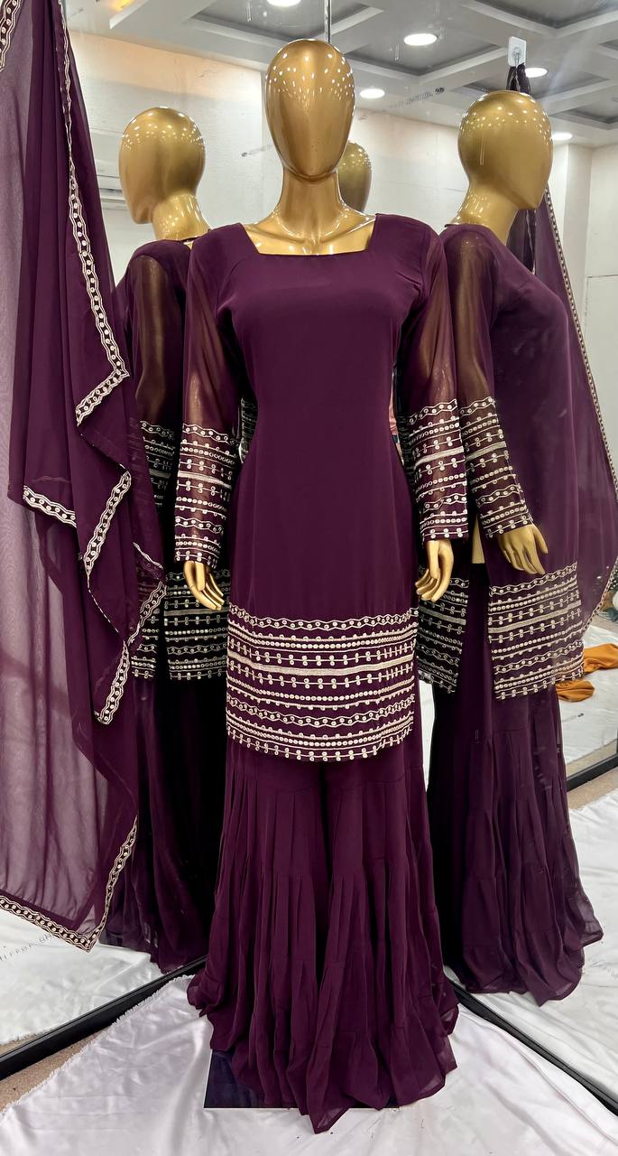 Trending Wine Color Heavy Georgette Embroidery Sequence Work Sharara Suit
