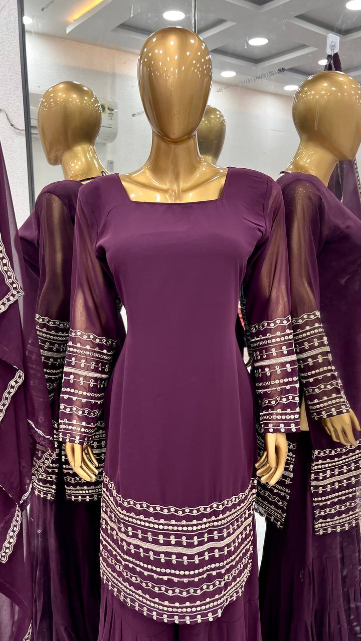 Trending Wine Color Heavy Georgette Embroidery Sequence Work Sharara Suit