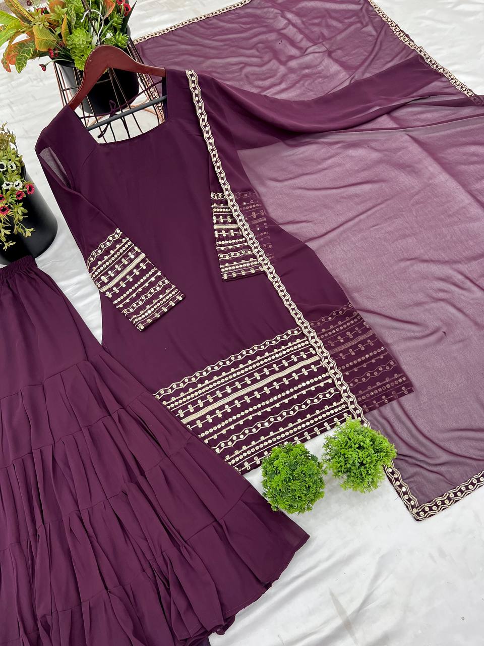 Trending Wine Color Heavy Georgette Embroidery Sequence Work Sharara Suit