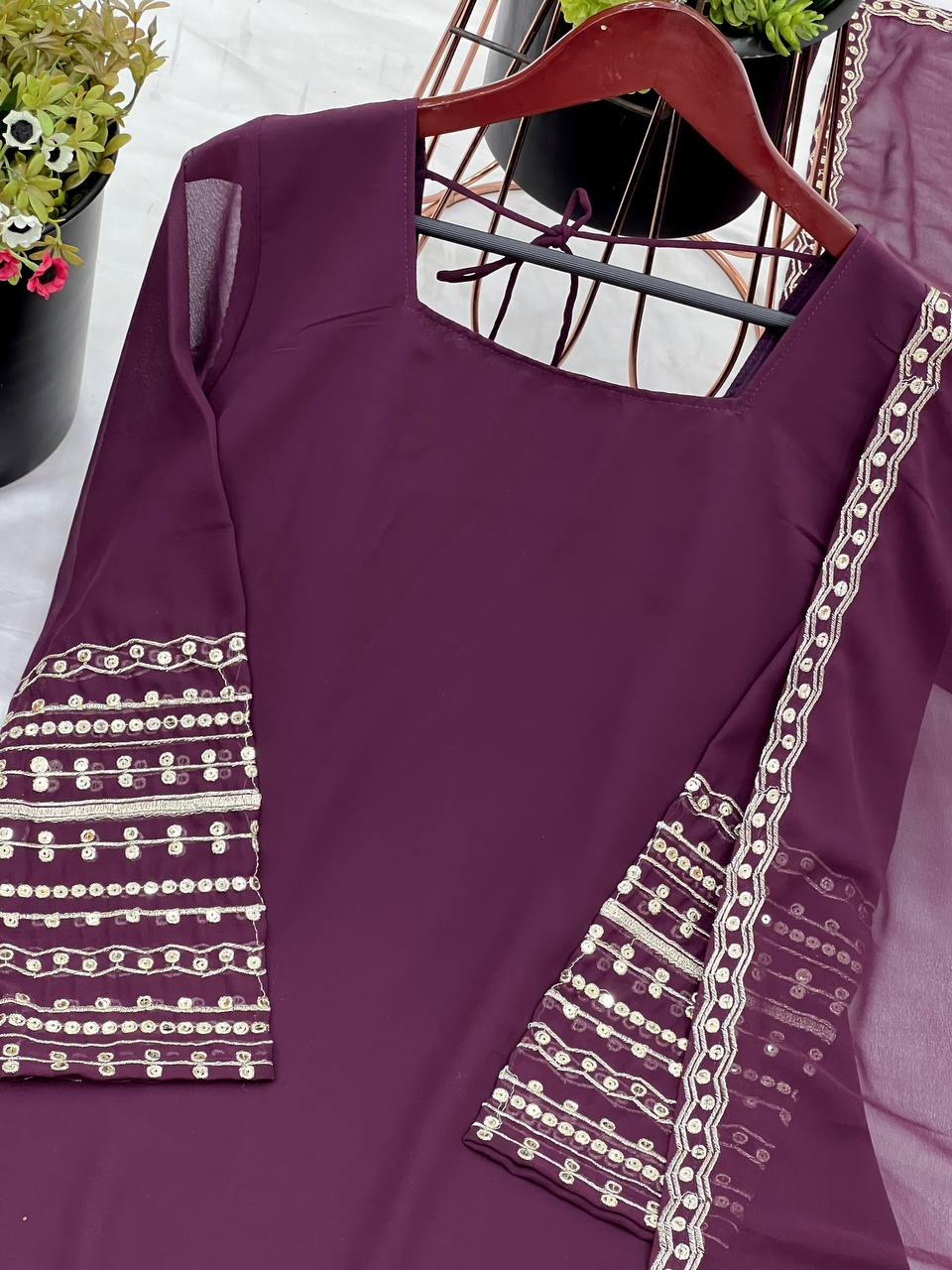 Trending Wine Color Heavy Georgette Embroidery Sequence Work Sharara Suit