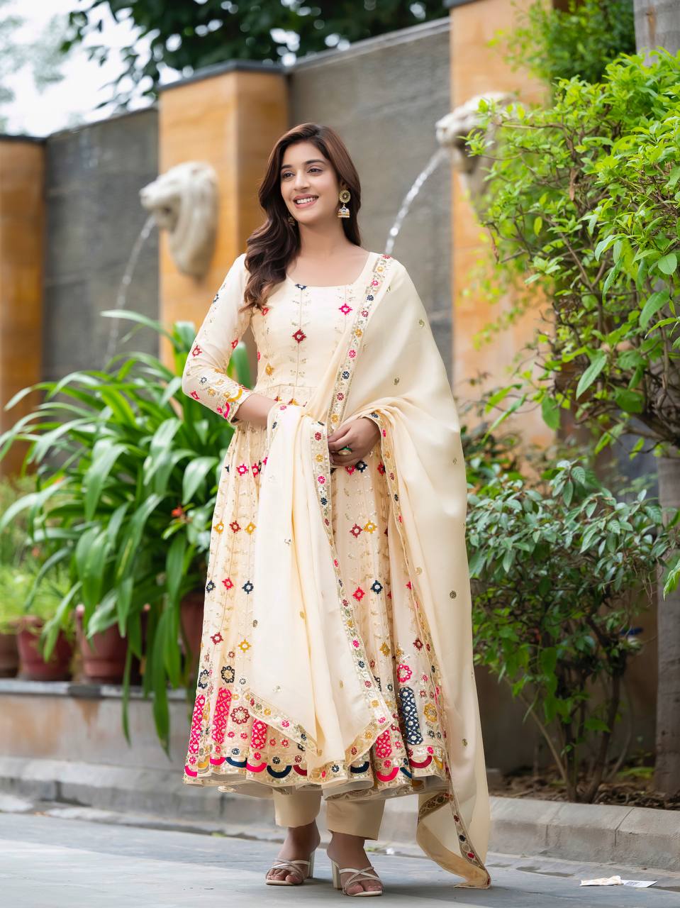 Occasion Wear Cream Color Pure Chinon Silk Crush With Sequence Embroidery Work Anarkali Suit