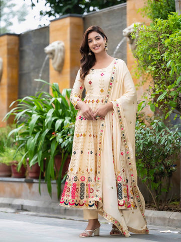 Occasion Wear Cream Color Pure Chinon Silk Crush With Sequence Embroidery Work Anarkali Suit