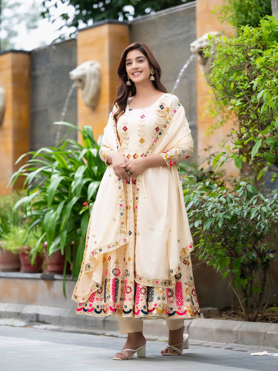 Occasion Wear Cream Color Pure Chinon Silk Crush With Sequence Embroidery Work Anarkali Suit