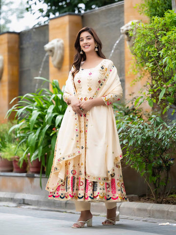 Occasion Wear Cream Color Pure Chinon Silk Crush With Sequence Embroidery Work Anarkali Suit