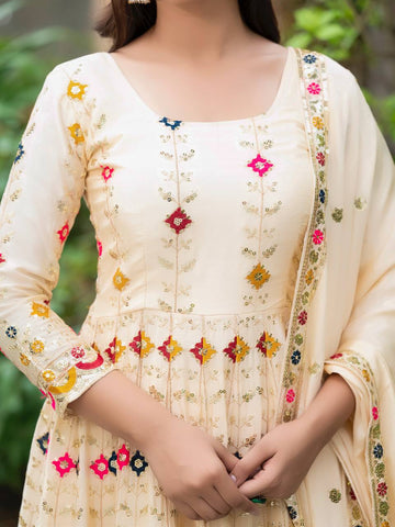 Occasion Wear Cream Color Pure Chinon Silk Crush With Sequence Embroidery Work Anarkali Suit