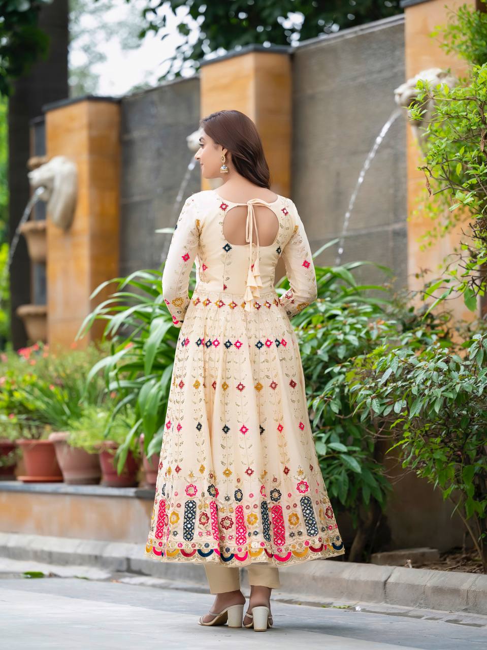 Occasion Wear Cream Color Pure Chinon Silk Crush With Sequence Embroidery Work Anarkali Suit