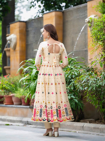 Occasion Wear Cream Color Pure Chinon Silk Crush With Sequence Embroidery Work Anarkali Suit
