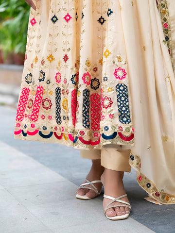 Occasion Wear Cream Color Pure Chinon Silk Crush With Sequence Embroidery Work Anarkali Suit