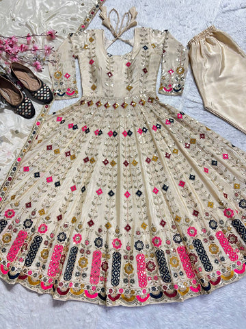 Occasion Wear Cream Color Pure Chinon Silk Crush With Sequence Embroidery Work Anarkali Suit