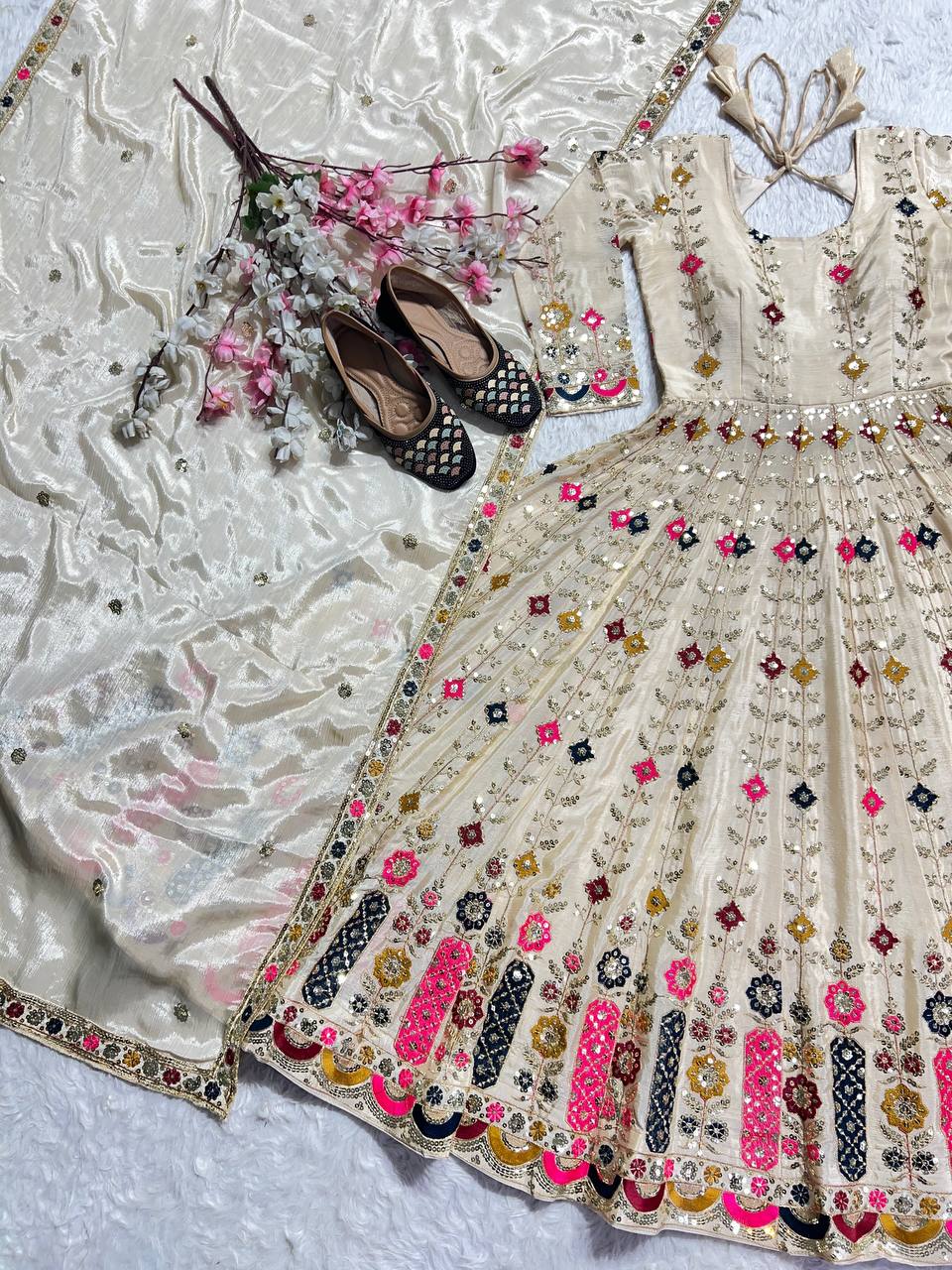 Occasion Wear Cream Color Pure Chinon Silk Crush With Sequence Embroidery Work Anarkali Suit