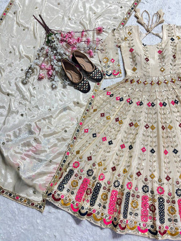 Occasion Wear Cream Color Pure Chinon Silk Crush With Sequence Embroidery Work Anarkali Suit