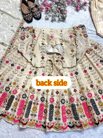 Occasion Wear Cream Color Pure Chinon Silk Crush With Sequence Embroidery Work Anarkali Suit