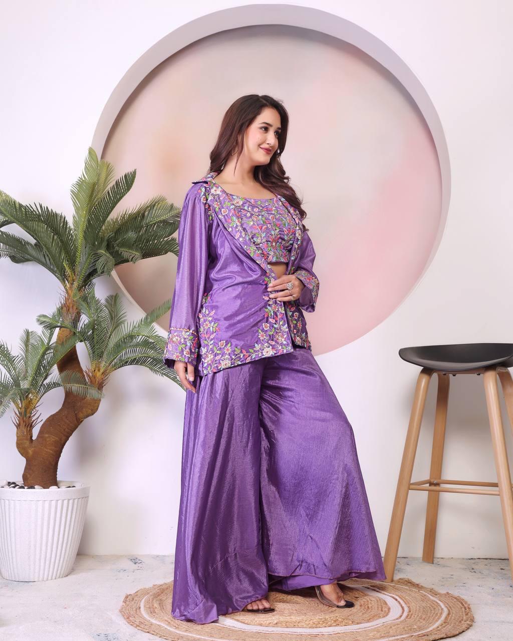 Classic Purple Color Chinon Silk And Embroidery Theard Work Palazzo Suit