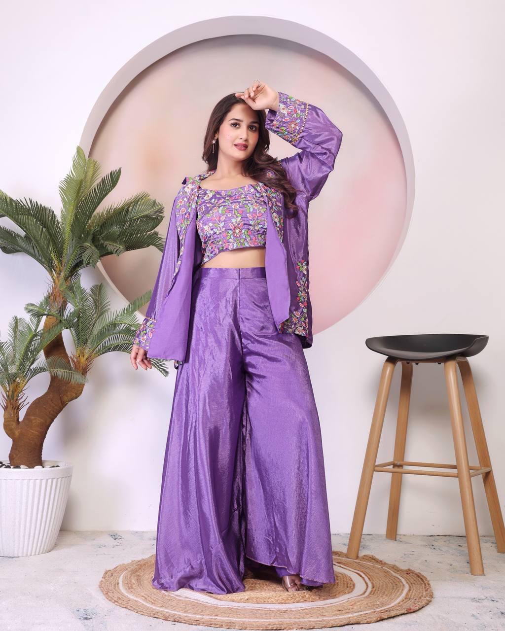Classic Purple Color Chinon Silk And Embroidery Theard Work Palazzo Suit