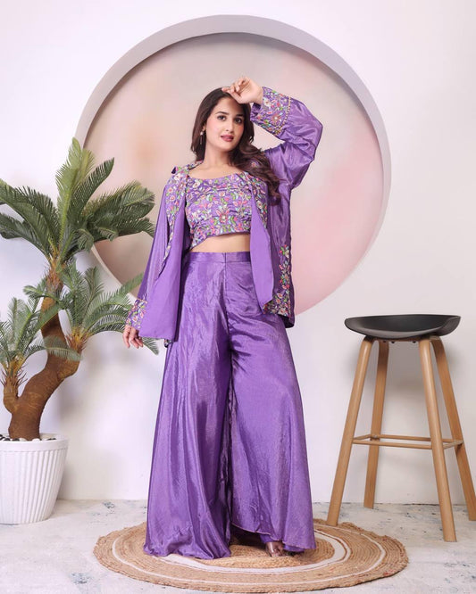 Classic Purple Color Chinon Silk And Embroidery Theard Work Palazzo Suit
