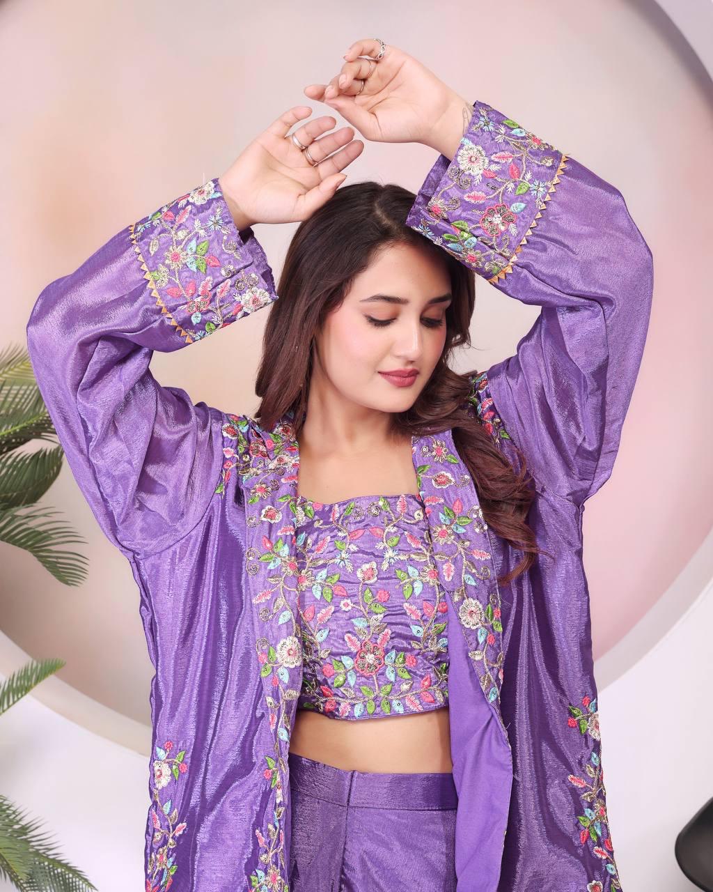Classic Purple Color Chinon Silk And Embroidery Theard Work Palazzo Suit