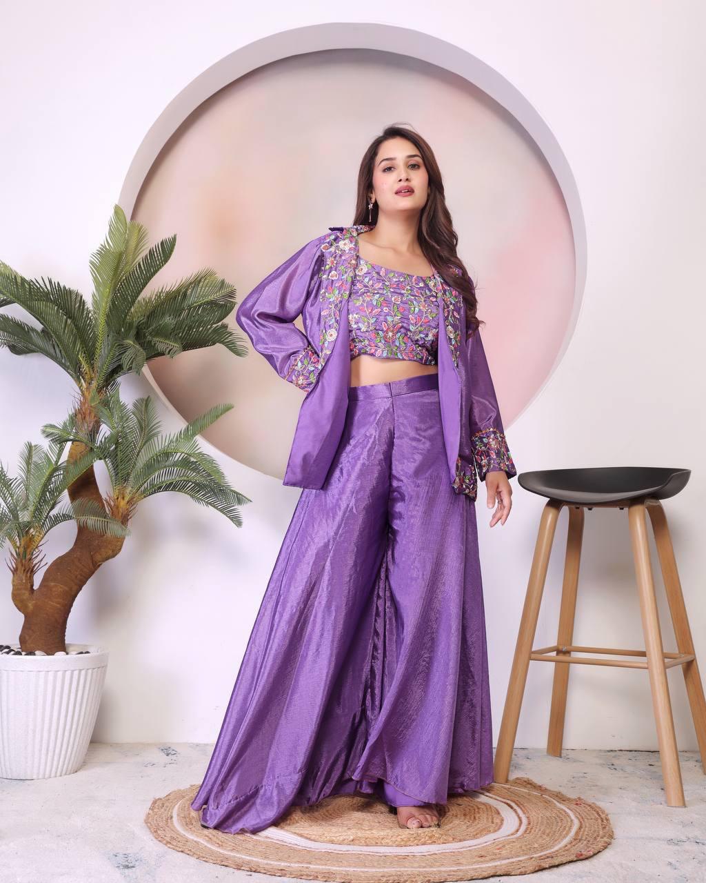 Classic Purple Color Chinon Silk And Embroidery Theard Work Palazzo Suit