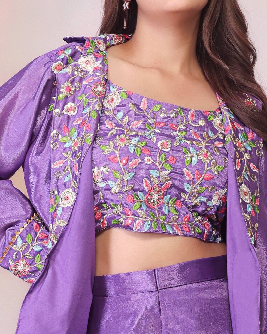 Classic Purple Color Chinon Silk And Embroidery Theard Work Palazzo Suit