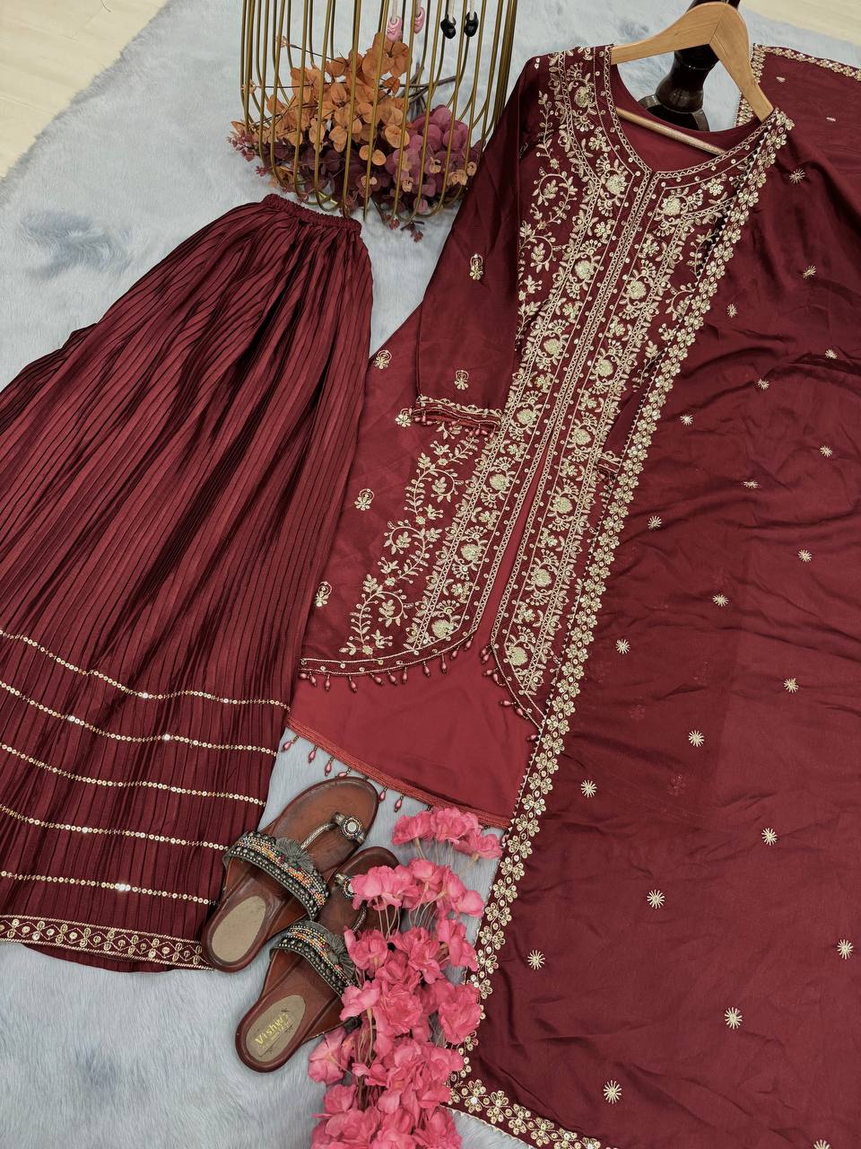 Ravishing Maroon Color Heavy Pure Chinon Silk With Heavy Embroidery Designer Palazzo Suit