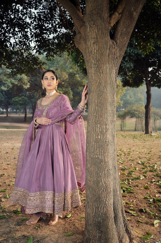 Party Wear Lavender Color Roman Silk With Embroidery Sequence Work Designer Gown
