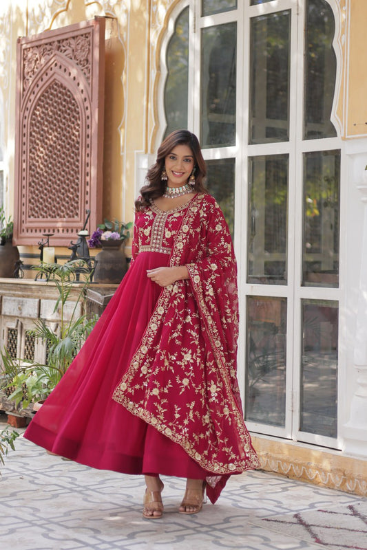 Engagement Wear Pink Faux Blooming With Sequins Multi And Zari Embroidered Work Gown