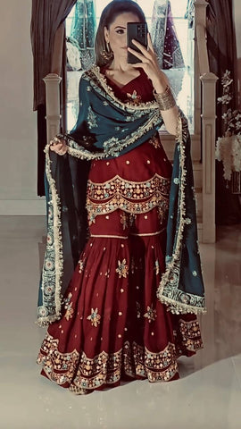 Wedding Wear Maroon Color Faux Georgette With Embroidery Sequence Work Sharara Suit