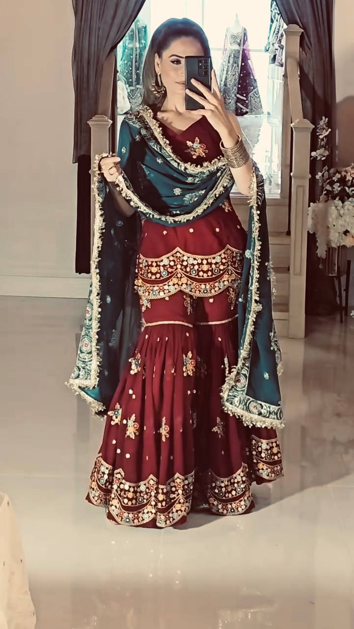 Wedding Wear Maroon Color Faux Georgette With Embroidery Sequence Work Sharara Suit