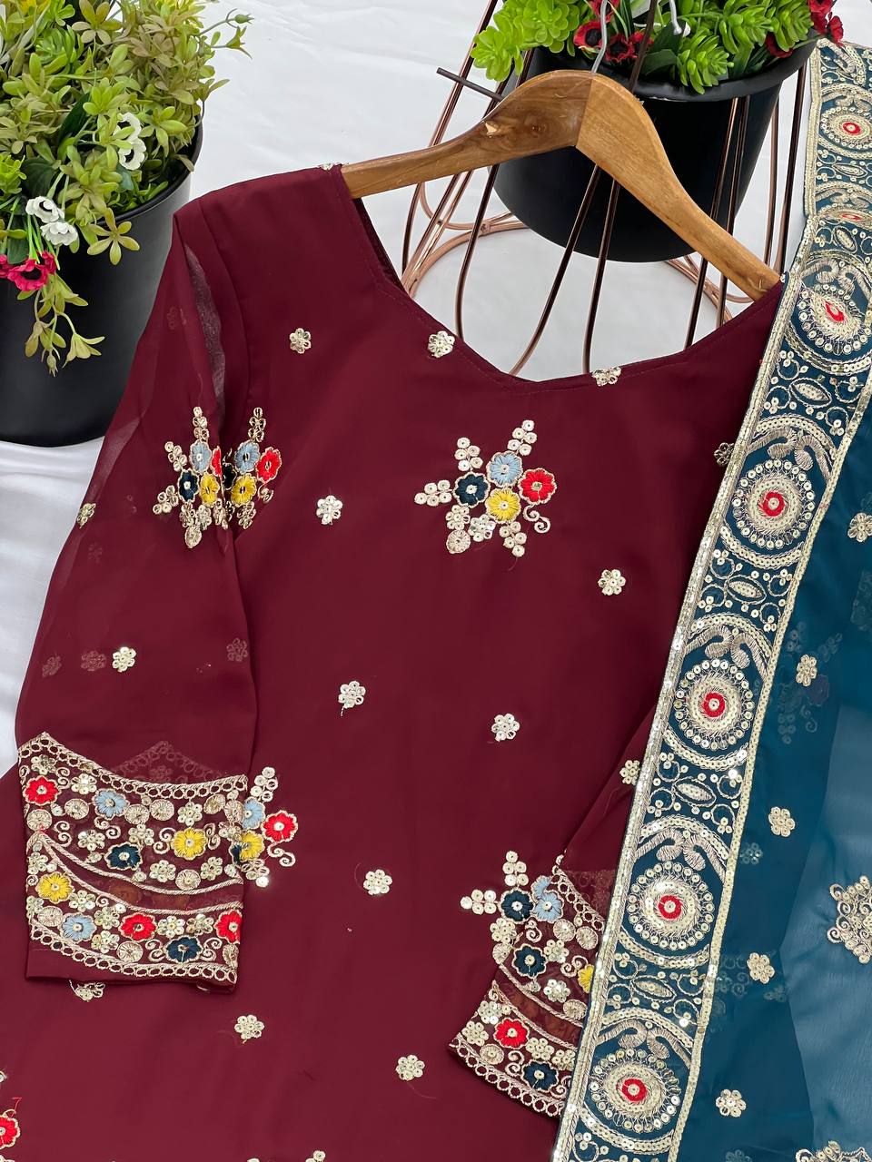 Wedding Wear Maroon Color Faux Georgette With Embroidery Sequence Work Sharara Suit