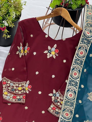 Wedding Wear Maroon Color Faux Georgette With Embroidery Sequence Work Sharara Suit