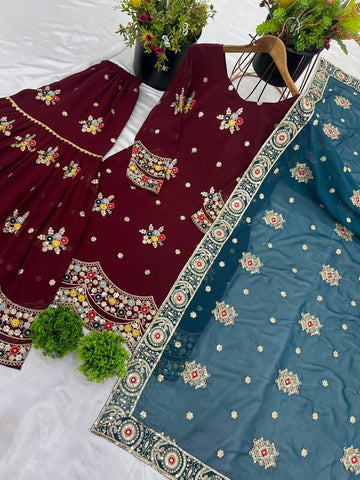 Wedding Wear Maroon Color Faux Georgette With Embroidery Sequence Work Sharara Suit