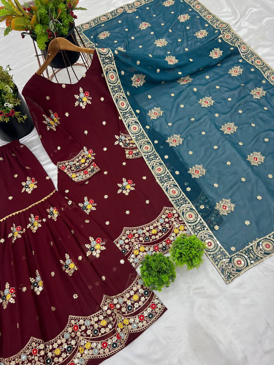 Wedding Wear Maroon Color Faux Georgette With Embroidery Sequence Work Sharara Suit