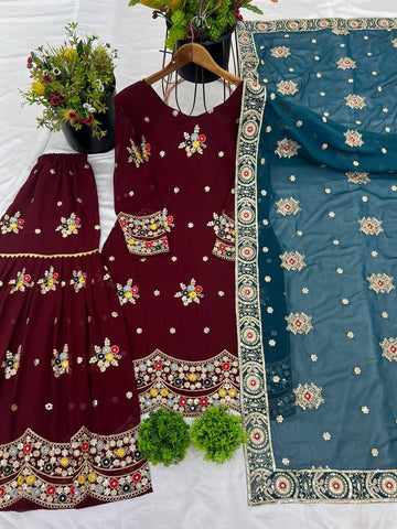 Wedding Wear Maroon Color Faux Georgette With Embroidery Sequence Work Sharara Suit