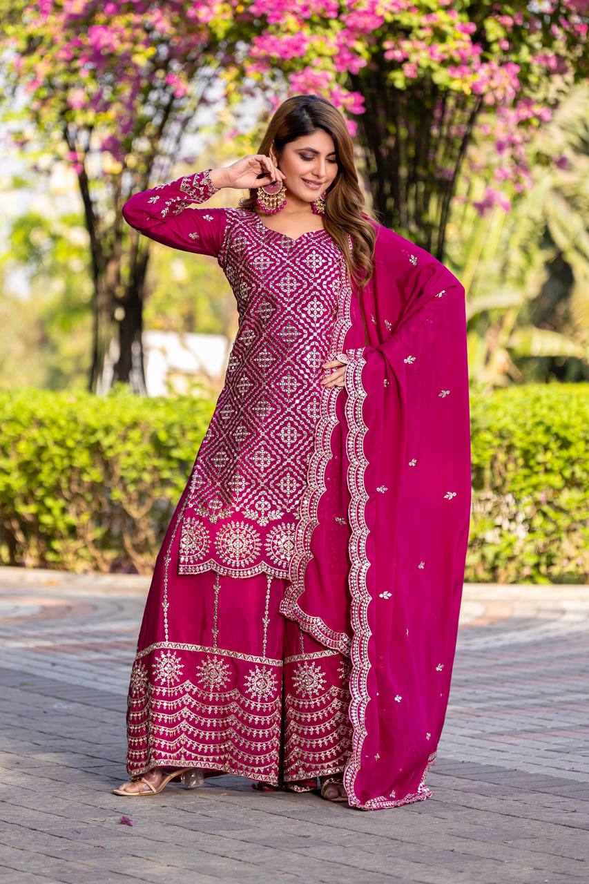 Party Wear Pink Color Chinon Embroidery Thread And Sequence Work Palazzo Suit