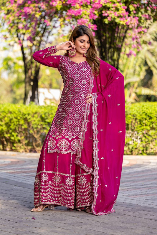 Party Wear Pink Color Chinon Embroidery Thread And Sequence Work Palazzo Suit