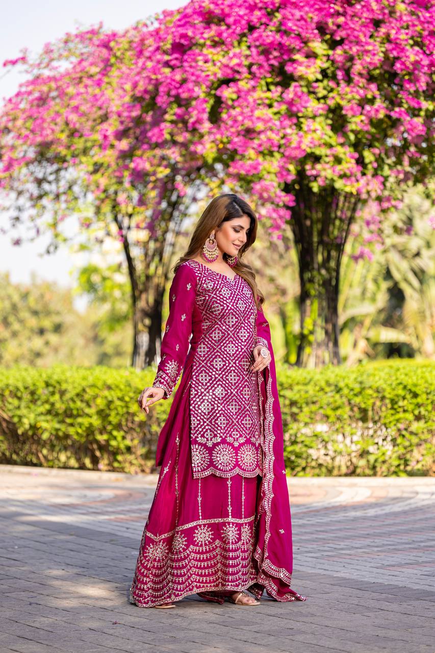 Party Wear Pink Color Chinon Embroidery Thread And Sequence Work Palazzo Suit