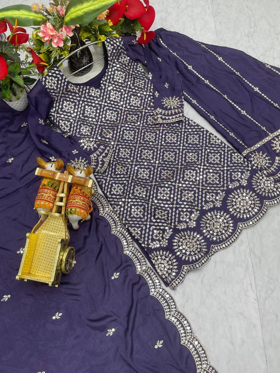 Party Wear Royal Blue Color Chinon Embroidery Thread And Sequence Work Palazzo Suit