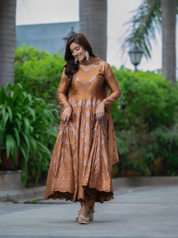 Ceremony Wear Golden Color Pure Chinon Silk With 5mm Sequence Embroidery Work Anarkali Suit