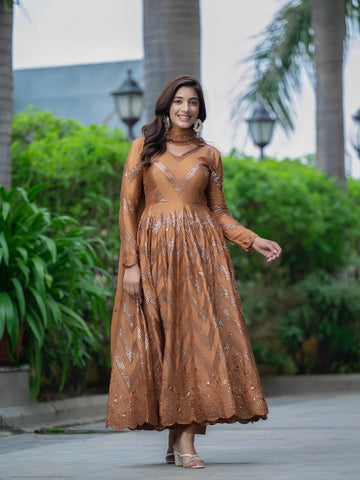 Ceremony Wear Golden Color Pure Chinon Silk With 5mm Sequence Embroidery Work Anarkali Suit