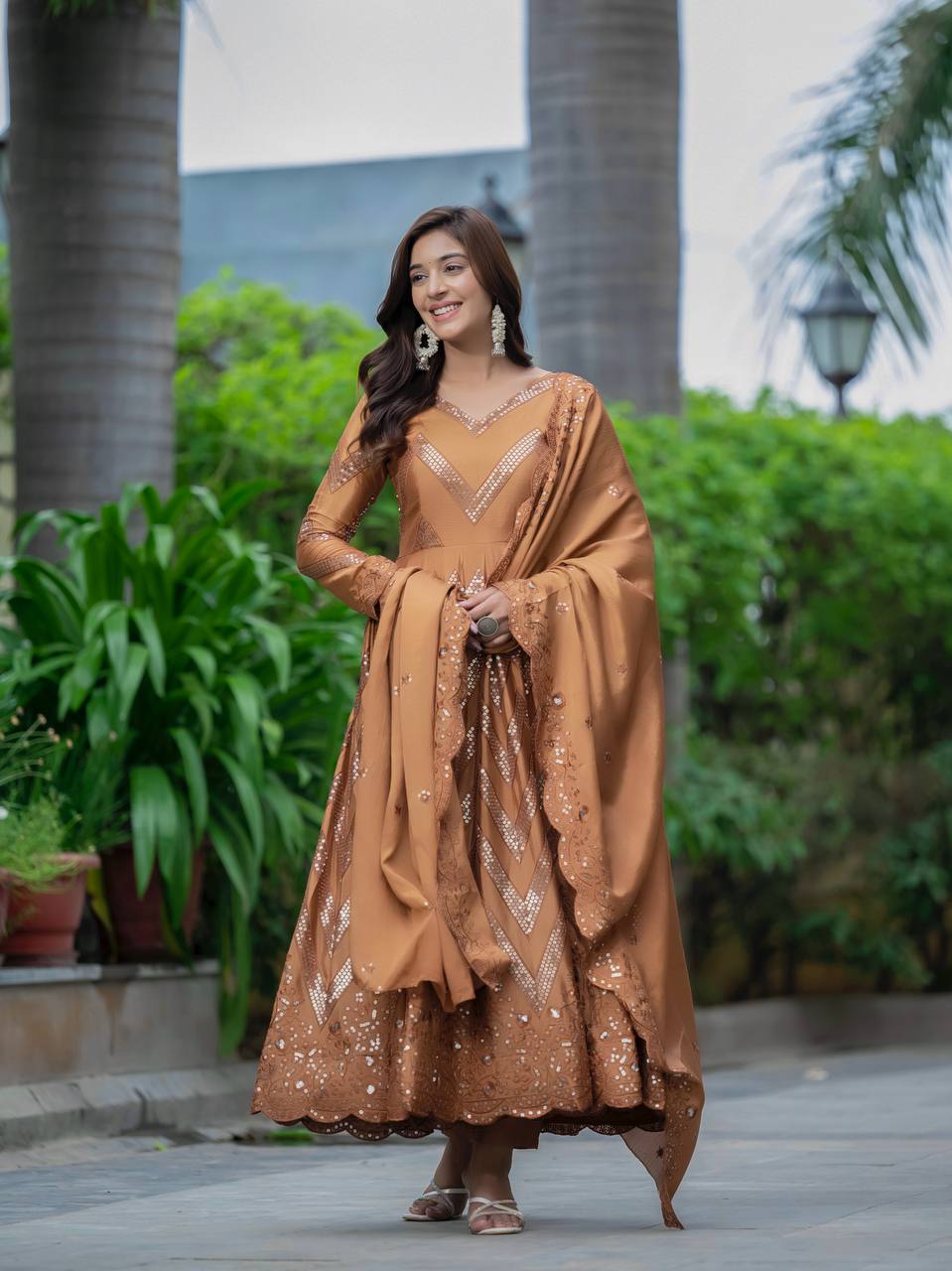 Ceremony Wear Golden Color Pure Chinon Silk With 5mm Sequence Embroidery Work Anarkali Suit