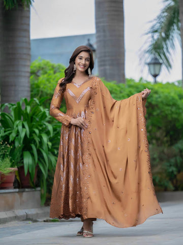 Ceremony Wear Golden Color Pure Chinon Silk With 5mm Sequence Embroidery Work Anarkali Suit
