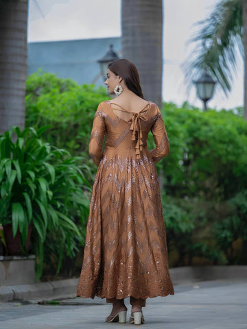 Ceremony Wear Golden Color Pure Chinon Silk With 5mm Sequence Embroidery Work Anarkali Suit