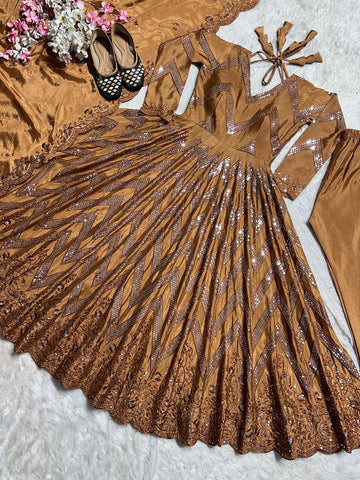 Ceremony Wear Golden Color Pure Chinon Silk With 5mm Sequence Embroidery Work Anarkali Suit