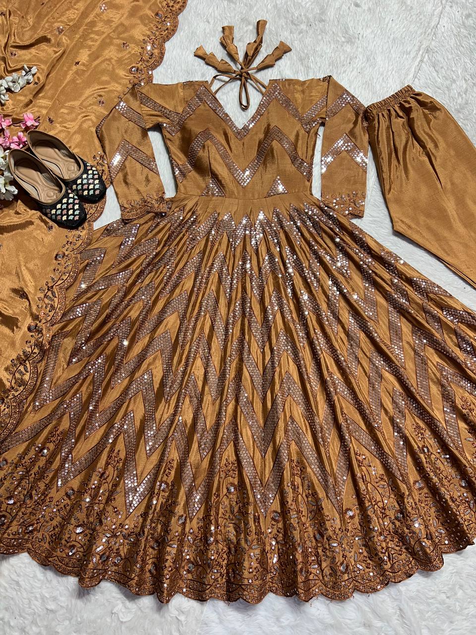 Ceremony Wear Golden Color Pure Chinon Silk With 5mm Sequence Embroidery Work Anarkali Suit