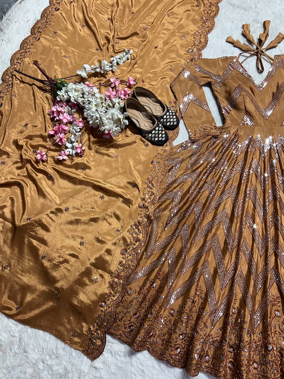 Ceremony Wear Golden Color Pure Chinon Silk With 5mm Sequence Embroidery Work Anarkali Suit