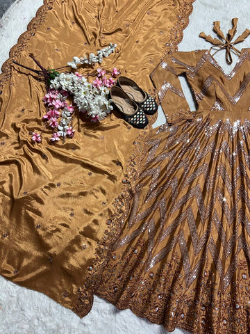 Ceremony Wear Golden Color Pure Chinon Silk With 5mm Sequence Embroidery Work Anarkali Suit