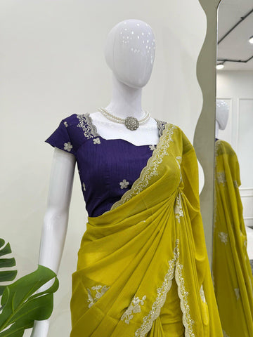 Party Wear Mustard Color Chiffon With Thread Work Designer Gown
