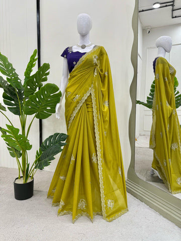 Party Wear Mustard Color Chiffon With Thread Work Designer Gown