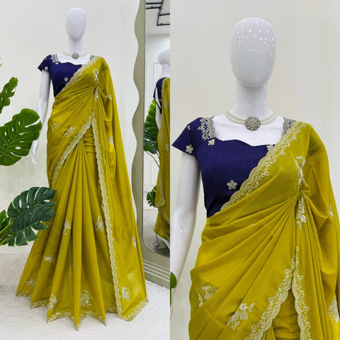 Party Wear Mustard Color Chiffon With Thread Work Designer Gown